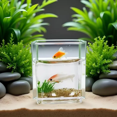 Abalorio de pez dorado blanco de un mini tanque con este accesorio en miniatura a escala 1:12, pecera cuadrada, decoración de cristal realista para