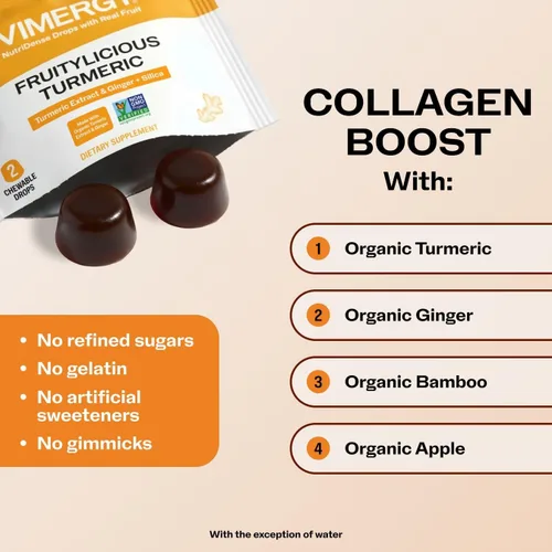 Miniatura 2 de Vimergy NutriDense Fruitylicious - Cúrcuma masticable + jengibre (300 mg de extracto de cúrcuma, 22 mg de sílice, 10 mg de jengibre por porción)