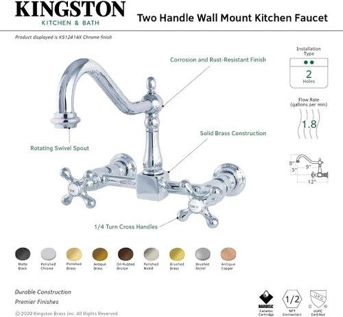 Miniatura 4 de Kingston Brass KS1245AX Heritage - Grifo de cocina con puente de montaje en pared, bronce aceitado Oil Rubbed Bronze