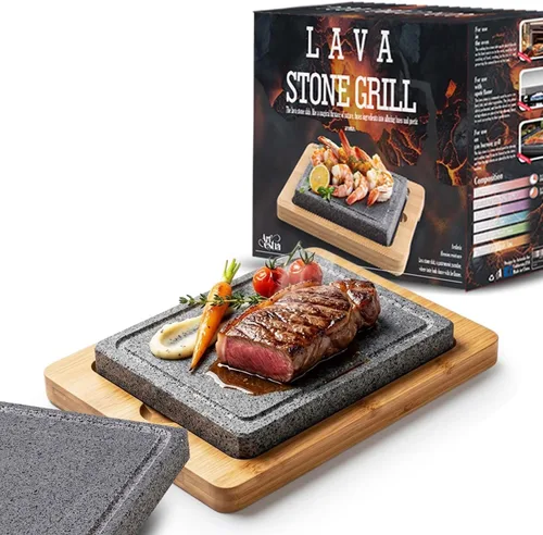 Artestia Piedra de lava para bistec con 2 piedras, piedras para asar de mesa Hot Rock para Wagyu con bandeja de bambú, mini piedras para asar pizza,