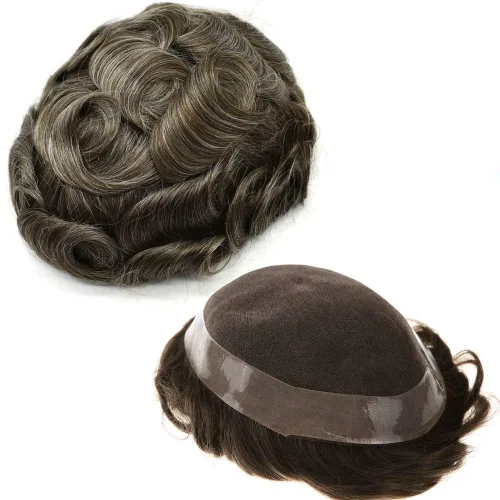 Miniatura 28 de Peluca de cabello humano monofilamento fino para hombre tipo tupé de polietileno alrededor del sistema de cabello, peluca duradera de monofilamento
