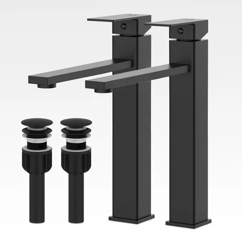 Miniatura 10 de Juego de grifos de baño con desagüe emergente, grifo moderno de lavabo de baño negro de una sola manija con placa de cubierta (1 o 3 agujeros), 1.