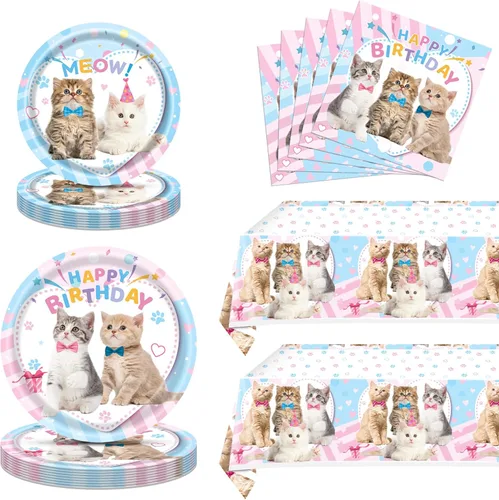Ryzovo Suministros para fiesta de cumpleaños de gato, 62 piezas de decoración de fiesta de gato y juego de vajilla - Decoración de fiesta de