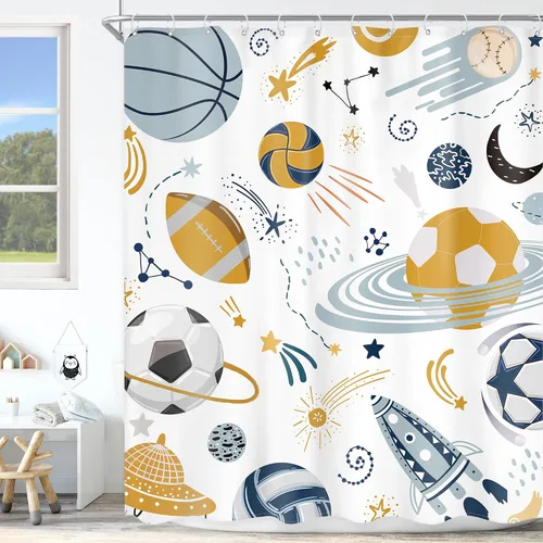 Miniatura 9 de Cortina de ducha para niños, diseño de planeta de dibujos animados, universo lindo, galaxia, espacio, luna, juego de baño para niños, estampado de A