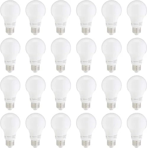 Amazon Basics Bombillas LED no regulables, larga duración, 9 W, base E26, luz blanca diurna de 5000 K, A19, equivalente a 60 W, paquete de 24 Luz