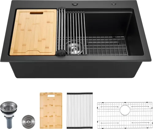 Miniatura 13 de VEVOR Fregadero de cocina de 33 pulgadas, fregadero de granito de montaje superior, lavabo de granja de un solo tazón con múltiples accesorios