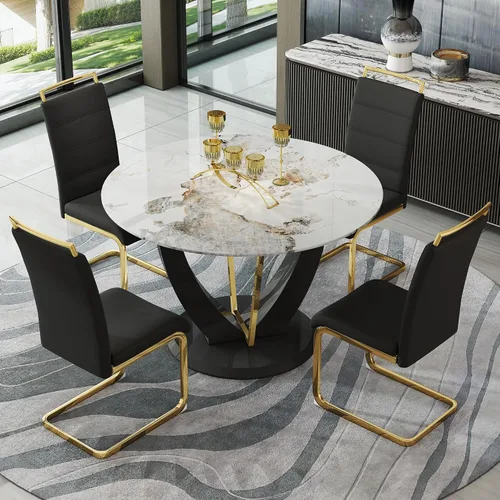 Miniatura 38 de JUFU Juego de mesa de comedor redonda para 4, mesa de comedor de 48 pulgadas con mesa de mármol sintético y 4 sillas tapizadas, moderno juego