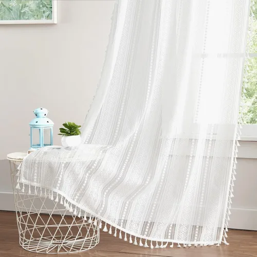 Miniatura 9 de Amzdecor Cortinas bohemias con borlas de encaje beige para dormitorio, sala de estar, lino texturizado elegante, patrón geométrico rústico