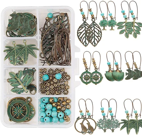 SUNNYCLUE 1 caja de 9 pares de aretes colgantes de metal huecos bohemios vintage para hacer joyas, kit de iniciación de aleación verde, hoja de