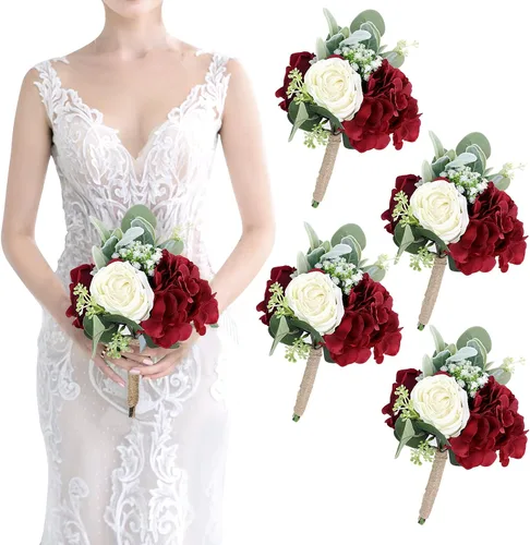 Miniatura 27 de Ramos de dama de honor para boda, juego de 6 ramos de flores artificiales para decoración de otoño, boda, propuesta de matrimonio, fiesta, Naranja