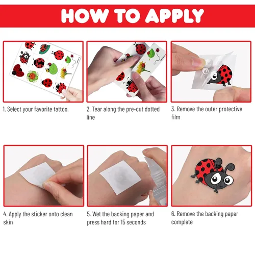 Miniatura 7 de 96 tatuajes temporales precortados de mariquita para niños, lindos tatuajes de insectos de Lady Beetle, recuerdos de fiesta, decoraciones