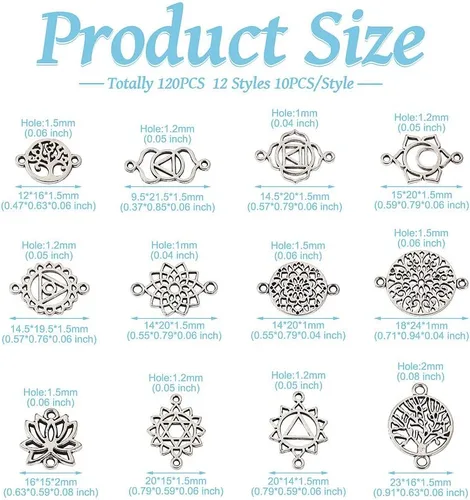 Miniatura 5 de Pandahall - 120 dijes de flores tibetanas con conector de chakras, aleación de plata antigua, dijes de conector de flores huecas, 12 estilos