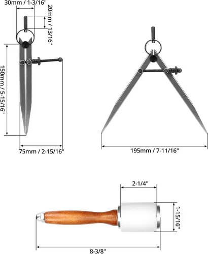 Miniatura 6 de QWORK Juego de Martillo de Tallado en Cuero, Martillo para Artesanía de Cuero DIY + Brújula Matemática, Brújula de Dibujo, Brújula de Trazado