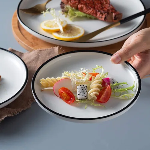 Miniatura 8 de Platos pequeños de porcelana de 6 pulgadas, color blanco con bordes negros, platos para servir, postre, ensalada, aperitivos, juego de 6