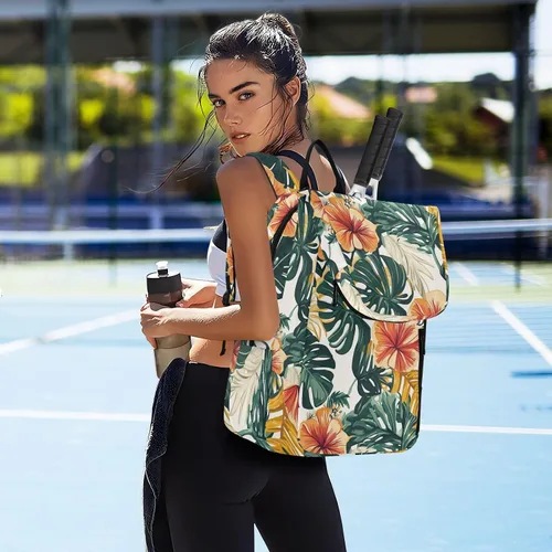 Miniatura 7 de Unisex Tennis Bag Lightweight Tropical Style Green Leaves Red Flower Zipper Tennis Bag Gym Bag for Women, Men, Teenagers raquetas de tenis