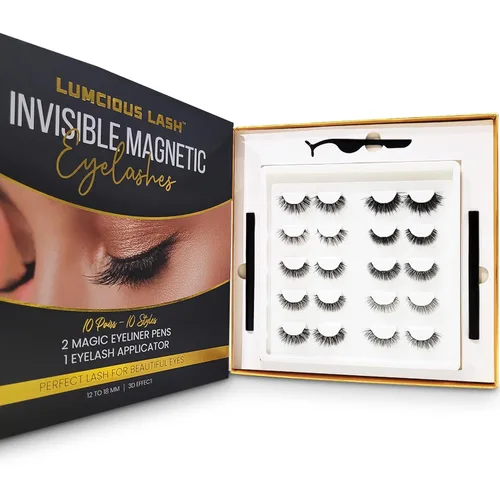 Kit de pestañas magnéticas invisibles y delineador de ojos, 10 pares de pestañas postizas de aspecto natural con 2 bolígrafos magnéticos mágicos y