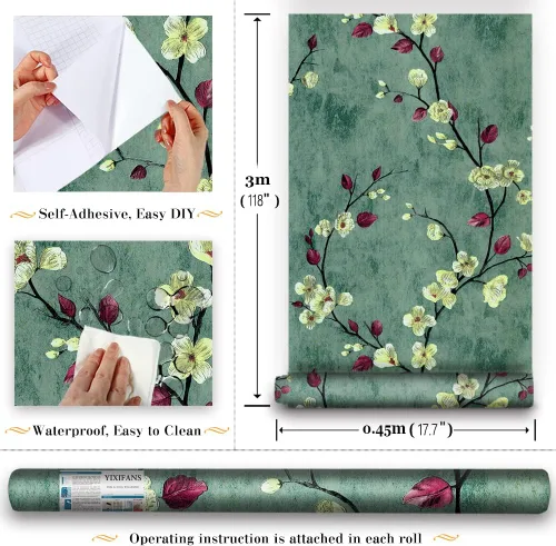 Miniatura 3 de J836 - Papel tapiz floral para despegar y pegar, de vinilo removible, autoadhesivo, para decoración de paredes, encimeras de muebles, 17.7 x 9.8