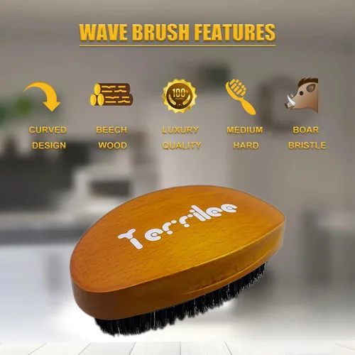 Miniatura 4 de Terrilee Pincel de onda de palma, cepillo de madera de haya curvada 360 y cerdas de jabalí para peinado de cabello ondulado para hombres