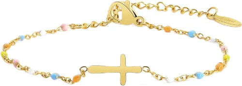 Miniatura 14 de Pulsera de Cuentas con Cruz Chapada en Oro de 14K para Mujeres, Pulsera de Acero Inoxidable Ajustable con Cruz de Fe Religiosa, Pulsera de Cadena