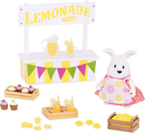 Li'l Woodzeez Juego de soporte de limonada con figura de conejo, juego de juguetes de 25 piezas que incluye comida de juego y accesorios en