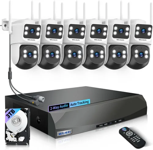 【Audio de 2 vías y vista de 360°】 Cámaras de seguridad PTZ de 4MP inalámbricas para exteriores, sistema de vigilancia WiFi para el hogar, kits de