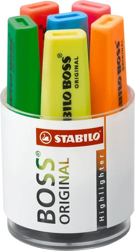 STABILO Subrayador BOSS ORIGINAL - Caja redonda de 6 - Amarillo, verde, naranja, rojo, rosa, azul