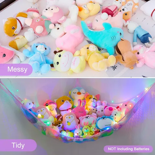 Miniatura 6 de Unicorn Castle Hamaca de red para animales de peluche, almacenamiento de juguetes con luz LED, organizador de juguetes de felpa para colgar