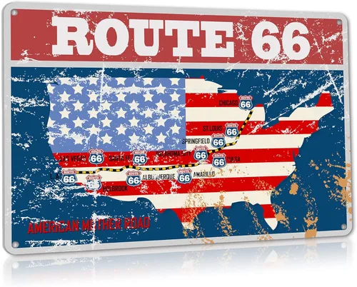 Route 66 - Letreros de cueva de hombre con bandera de EE. UU., letrero de metal de aluminio vintage para decoración de pared de garaje, hogar, 12 x