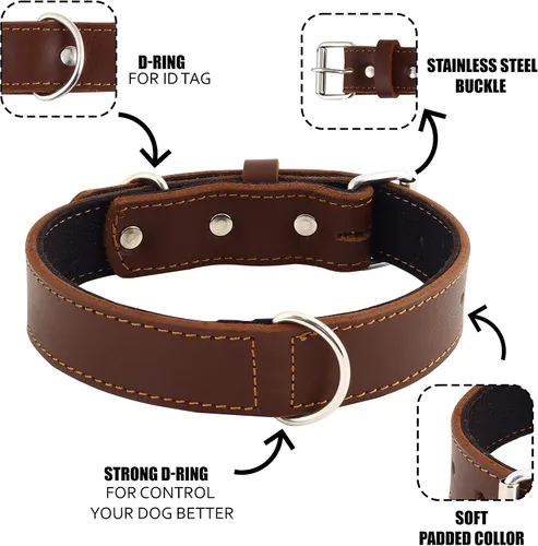 Miniatura 4 de Collar de perro de cuero genuino, acolchado suave, de cuero fuerte, hebilla de níquel inoxidable Lo mejor para cachorros, razas pequeñas, medianas