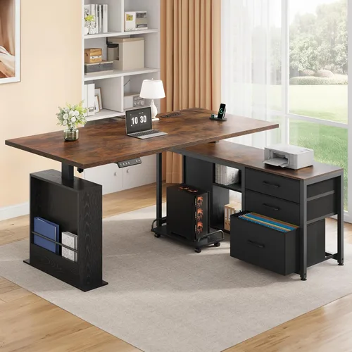 Miniatura 10 de Escritorio eléctrico en forma de L de 47 pulgadas con 3 cajones, mesa de computadora de almacenamiento, altura ajustable con tomas de corriente, 4