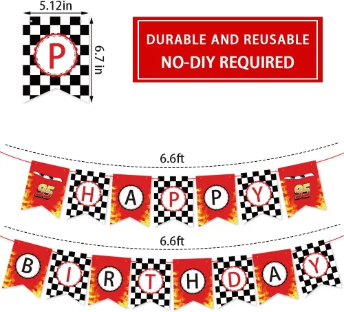 Miniatura 2 de Cartel de cumpleaños de coche de carreras, suministros para fiestas temáticas de bandera a cuadros
