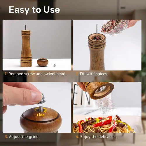 Miniatura 5 de Molinillo de sal y pimienta de madera, molinillo de sal y pimienta, cocteleras de madera de roble con molinillos de cerámica ajustables, 8 pulgadas