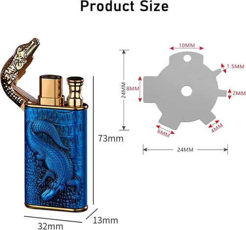 Miniatura 6 de Encendedor de antorcha, diseño de cocodrilo en relieve, encendedor mágico de doble llama con herramienta de llama de ajuste, encendedores de butano