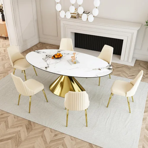 Miniatura 13 de Mesa de comedor redonda, mesa de comedor de piedra sinterizada blanca, base moderna de acero inoxidable sólido