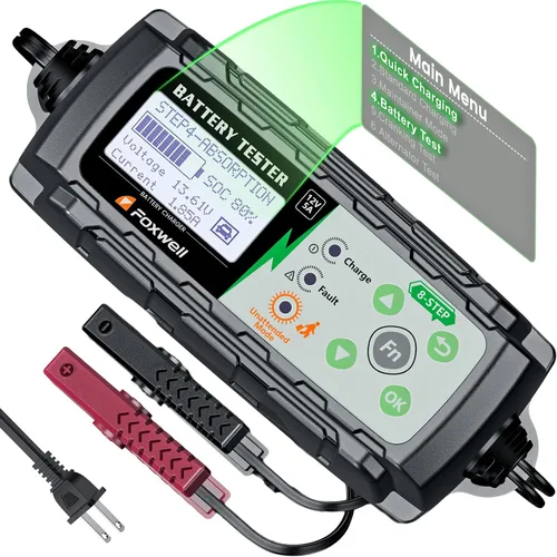 FOXWELL BC521: cargador de batería de coche de 12 V con probador, mantenedor de batería inteligente 4 en 1 5A, prueba de estado de la batería,