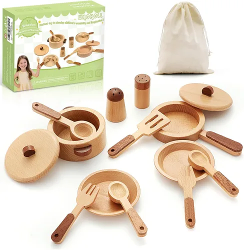 WHOHOLL Accesorios de cocina de madera, juguetes de simulación, ollas y sartenes, juego de cocina para niños pequeños de 3, 4, 5, 6, juego de cocina