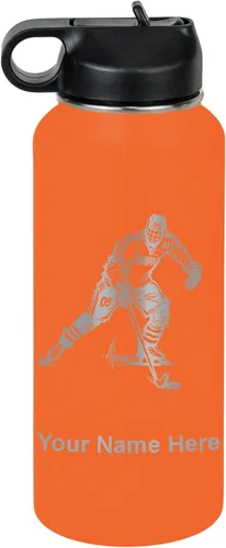 Miniatura 55 de LaserGram Botella de agua personalizada, jugador de hockey, acero inoxidable de doble pared aislada al vacío con popote superior, regalo grabado