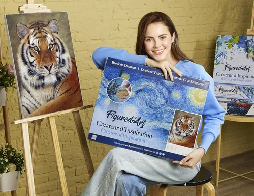 Miniatura 2 de Figured'Art Kit de arte de pintura de diamantes para adultos de 16 x 20 pulgadas con marco, taladro cuadrado completo 5D, ojo de tigre completo