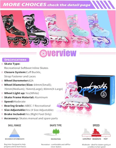 Miniatura 14 de 2PM SPORTS Vinal - Patines en línea ajustables intermitentes para niñas, todas las ruedas se iluminan, divertidos patines iluminadores para niños