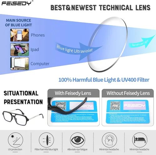 Miniatura 5 de FEISEDY Gafas de lectura retro cuadradas con bloqueo de luz azul para mujeres y hombres de los años 70, anteojos planos de aviador antifatiga