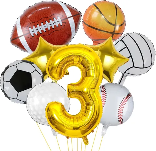 Miniatura 10 de 9 globos deportivos, fútbol, baloncesto, béisbol, voleibol, golf y fútbol, globo de aluminio de Mylar con número de cumpleaños deportivo