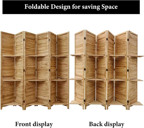 Miniatura 6 de Divisores de habitación, pantalla plegable de privacidad de madera de 67 x 51 pulgadas con tres estantes de exhibición, adecuado para oficina