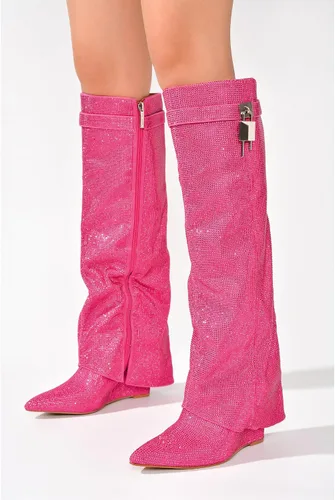 Miniatura 3 de Cape Robbin Botas de diamantes de imitación para mujer, con candado, hasta la rodilla, tacón de cuña, punta puntiaguda, botas altas de meter