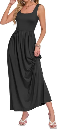 Miniatura 4 de AUSELILY Vestido largo con cuello cuadrado para mujer, sin mangas, floral, holgado, con bolsillos