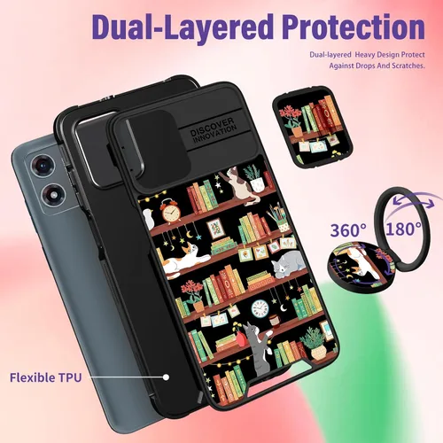 Miniatura 5 de Funermei Funda para Moto G Play 4G 2024 – Funda para teléfono para mujeres y niñas, diseño único de gato y libros, diseño único con funda
