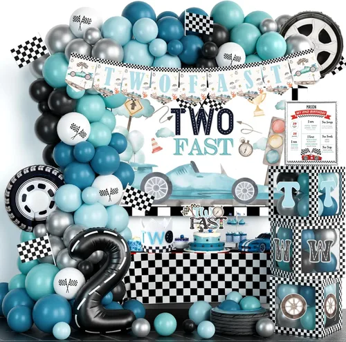Dos decoraciones de cumpleaños rápidas: 131 piezas con temática de autos de carreras con guirnalda de globos, dos fondos rápidos, globo de aluminio