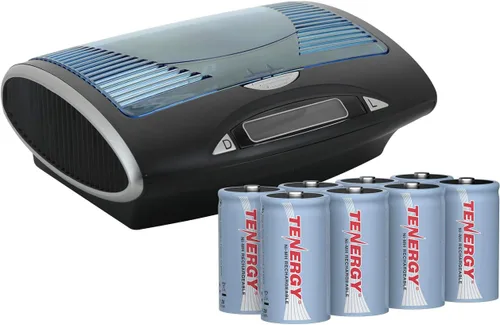 Tenergy Cargador de batería universal LCD T9688 + paquete de 8 baterías recargables NiMH tamaño D 10000mAh con certificación UL