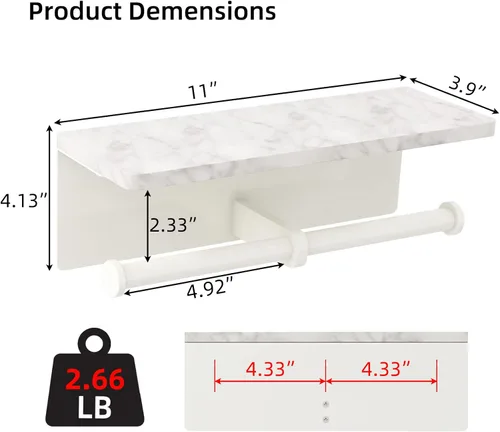 Miniatura 6 de Soporte de papel higiénico de Gypie de mármol con estante, 304 de acero inoxidable con tornillos montado en la pared, soporte para rollo de papel