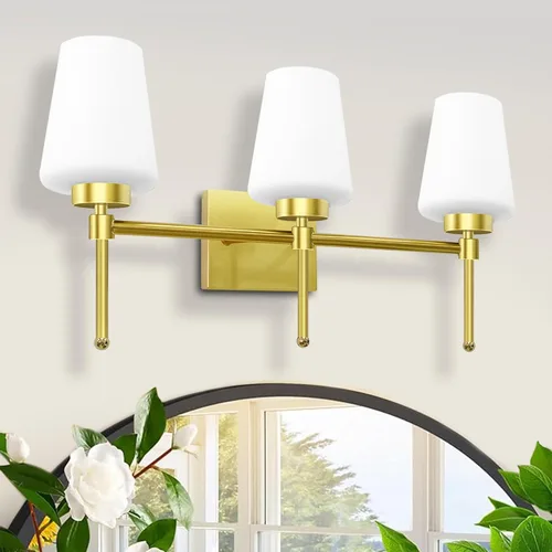 Miniatura 6 de Lámpara de baño de latón cepillado, 3 luces de 24 pulgadas, aplique de pared moderno con pantalla de vidrio para sobre el espejo, clasificación