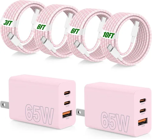 Miniatura 17 de USB C de carga súper rápida de 65 W para iPhone 17 16 Pro Max, bloque de carga USB C de 3 puertos de 100 W PD y cable trenzado tipo C de 3/6/6/10